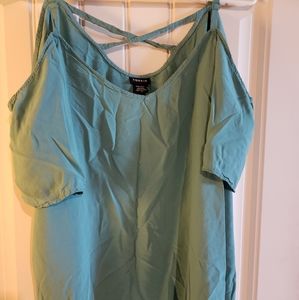 Blue/green cold shoulder criss cross back blouse